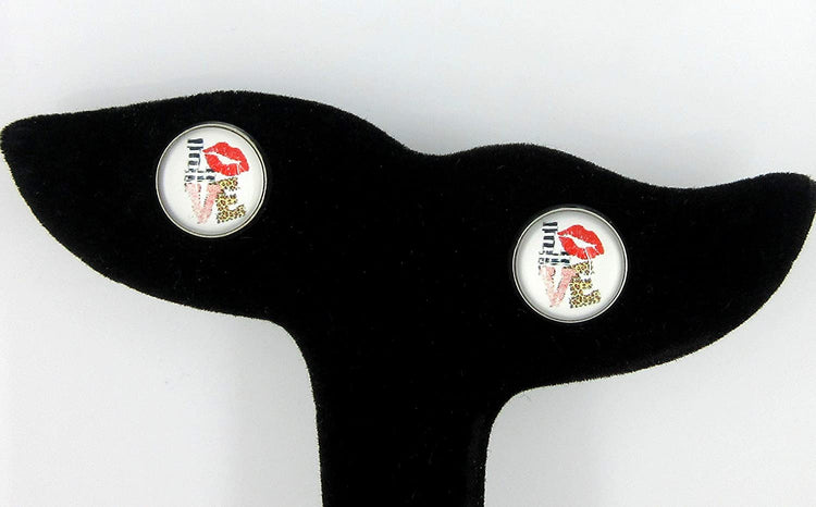Stainless Steel Love Print Glass Stud Earrings 12mm White Animal Red Lips