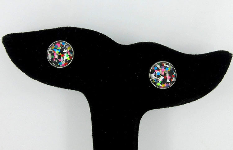 Stainless Steel Pixel Party Glitter Glass Stud Earrings Hand-painted 10mm