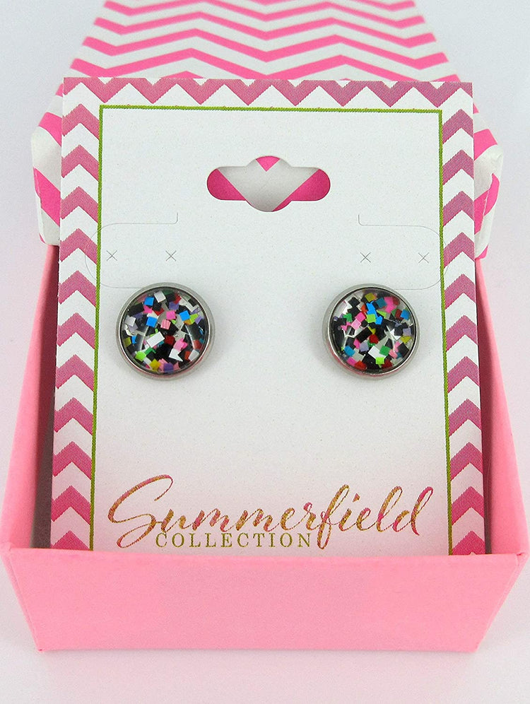 Stainless Steel Pixel Party Glitter Glass Stud Earrings Hand-painted 10mm