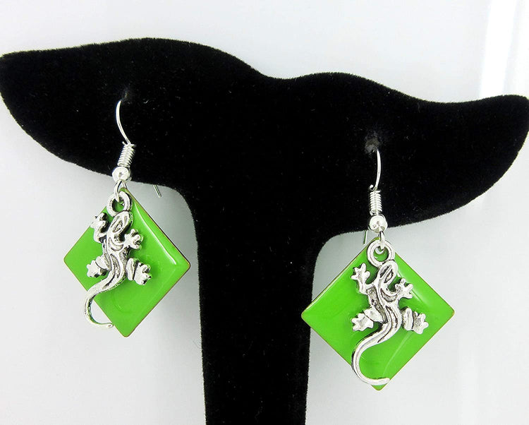 Silver-tone Green Enamel Gecko Lizard Charm Dangle Earrings