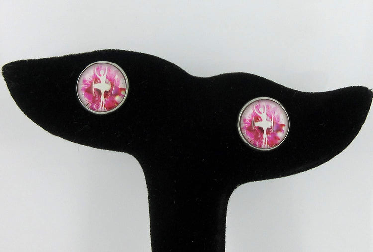 Stainless Steel Pink and White Ballet Dancer Printed Glass Stud Earrings 12mm