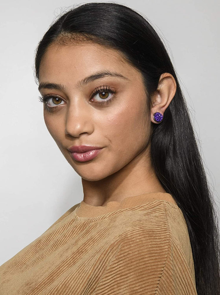 Stainless Steel Pink and Purple Glitter Faux Druzy Stone Stud Trio Earrings Set