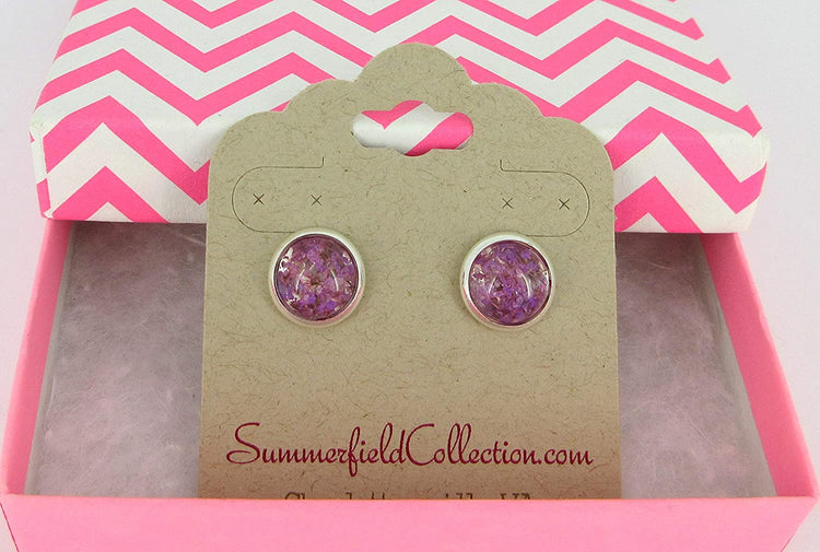 Silver-tone Clear and Purple Dried Flower Resin Stud Earrings 10mm