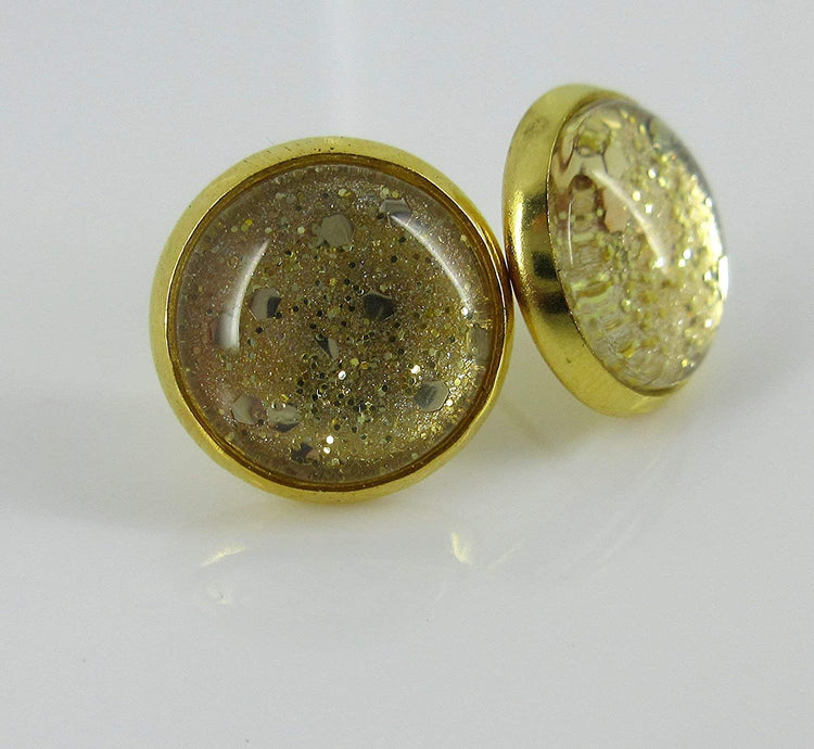 Gold-tone Glitter Glass Stud Earrings Hand-painted 12mm