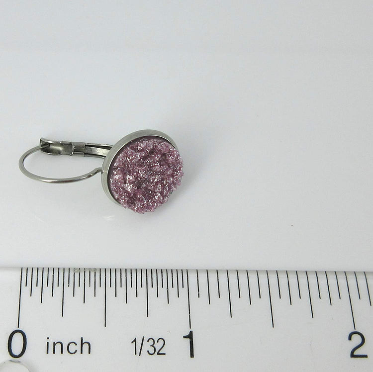 Stainless Steel Lilac Glitter Faux Druzy Stone Lever-back Drop Earrings 12mm