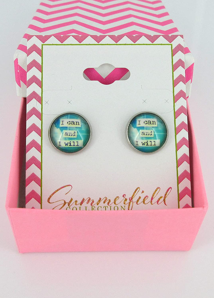 Stainless Steel I Can and I Will Print Glass Stud Earrings 12mm Blue