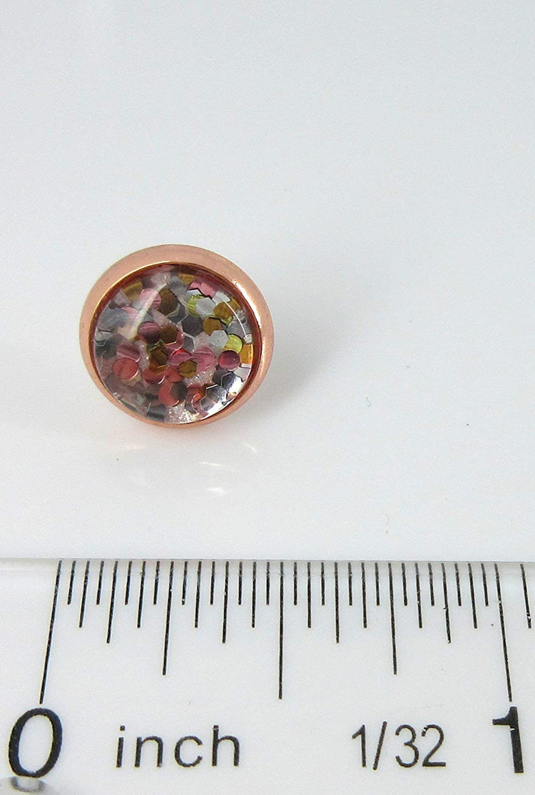 Rose Gold-tone Pearly Silver and 5 Metal Glitter Glass Stud Earrings Hand-painted 10mm