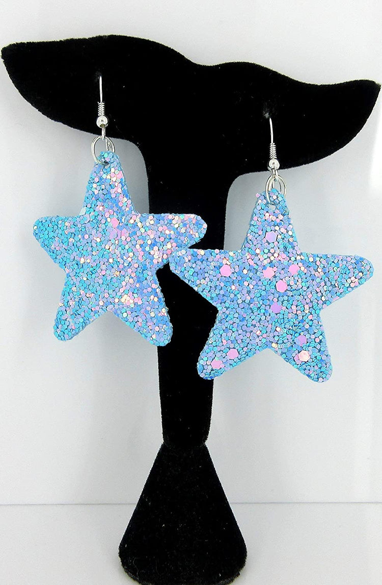 Sky Blue and AB Glitter Faux Leather Large Star Dangle Earrings