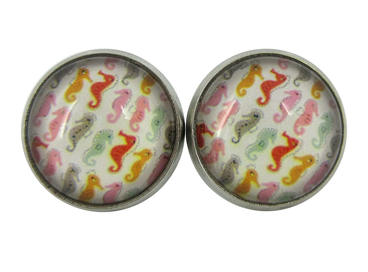 Stainless Steel Colorful Seahorse Print Glass Stud Earrings 12mm