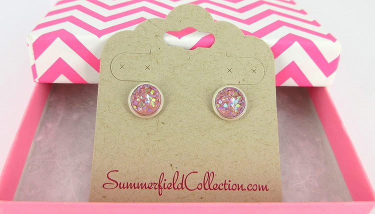 Silver-tone Light Pink AB Faux Druzy Stone Stud Earrings 8mm