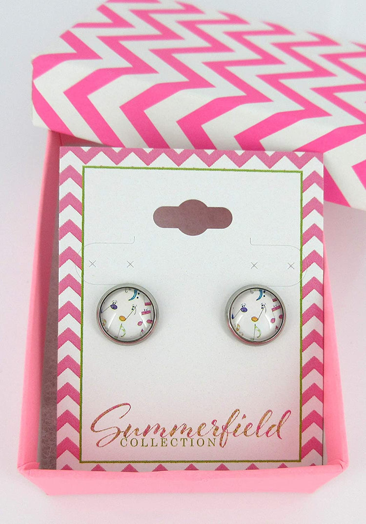 Stainless Steel Rainbow Music Note Print Glass Stud Earrings 10mm