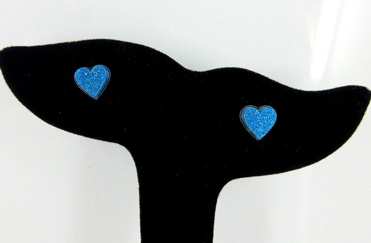 Stainless Steel Aqua Blue Glitter Acrylic Heart Stud Earrings 8mm