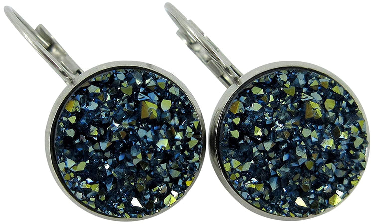Stainless Steel Metallic Blue Faux Druzy Stone Lever-back Drop Earrings 14mm