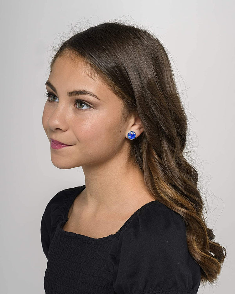 Silver-tone Royal Blue Frosted Flower Metallic Rainbow Stud Earrings 12mm