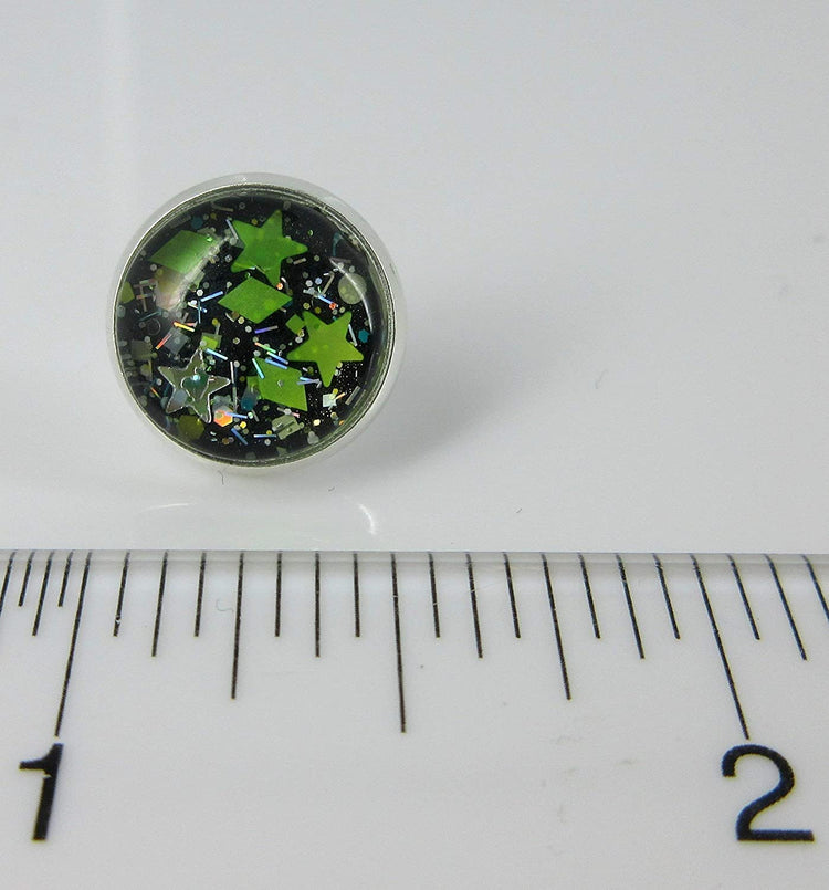 Silver-tone Trio Stud Earrings Neon Green Black Glitter Glass Gunmetal Clear Faux Druzy Stone Set