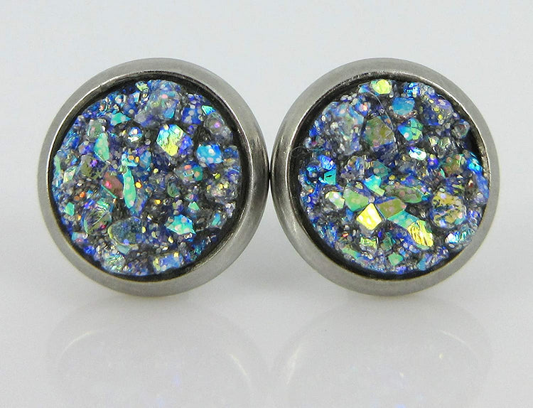 Stainless Steel Frost Blue Gray AB Glitter Faux Druzy Stone Stud Earrings 8mm
