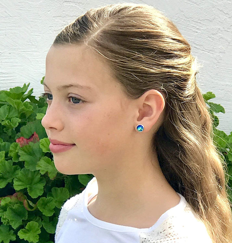Silver-tone Metallic Mermaid Scale Stud Earrings 8mm (Blue/Green)