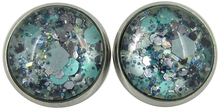 Stainless Steel Mint Green and Silver Glitter Glass Stud Earrings Hand-painted 12mm