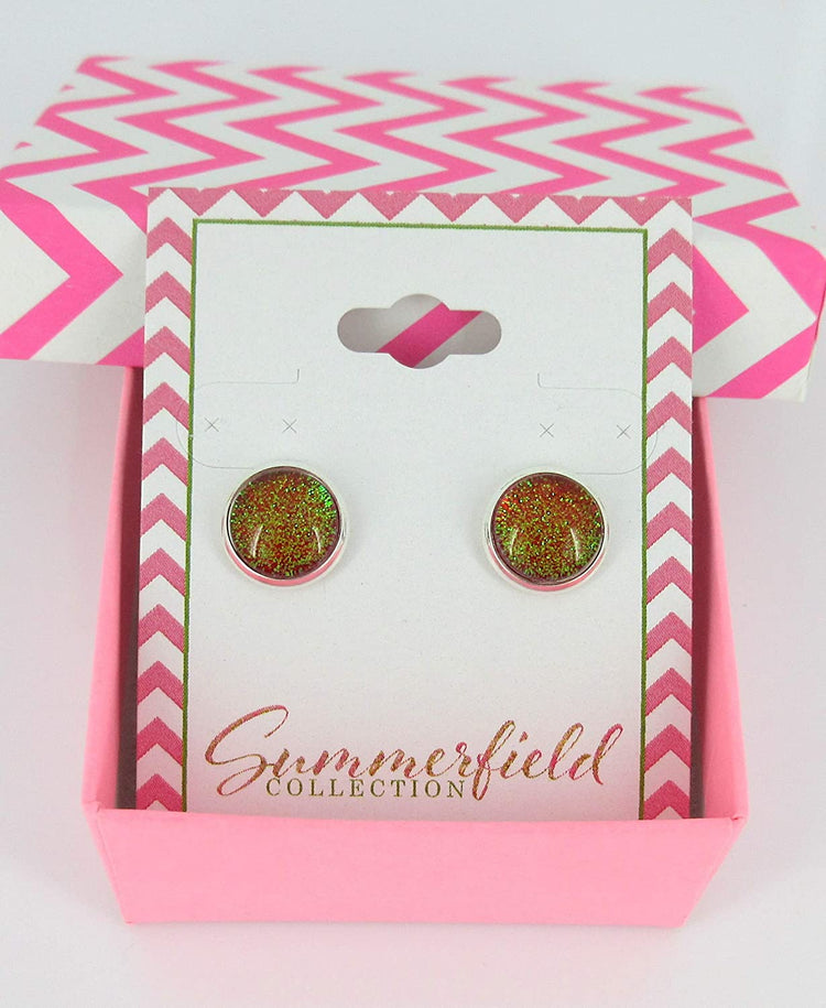 Silver-tone Red and Green Glitter Glass Stud Earrings Hand-painted 10mm
