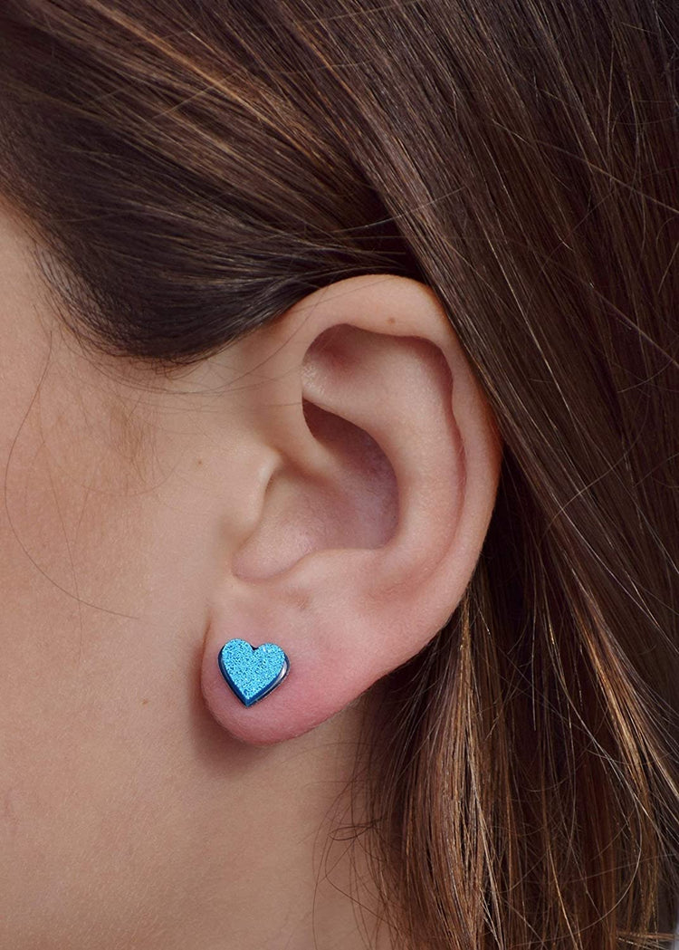 Stainless Steel Aqua Blue Glitter Acrylic Heart Stud Earrings 8mm