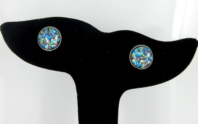 Hematite-tone Blue Green White Glitter Glass Stud Earrings Hand-painted 10mm