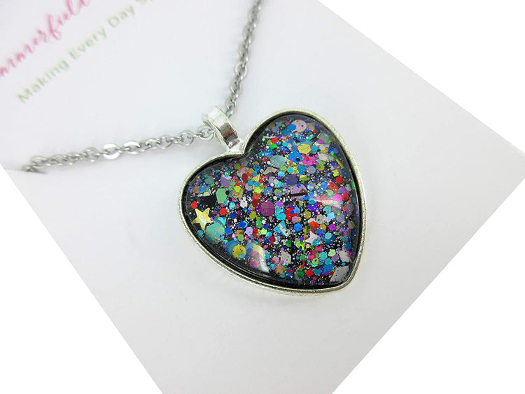 Silver-Tone Black and Multi-Color Confetti Glitter Glass Heart Pendant Necklace 20" Chain Stainless