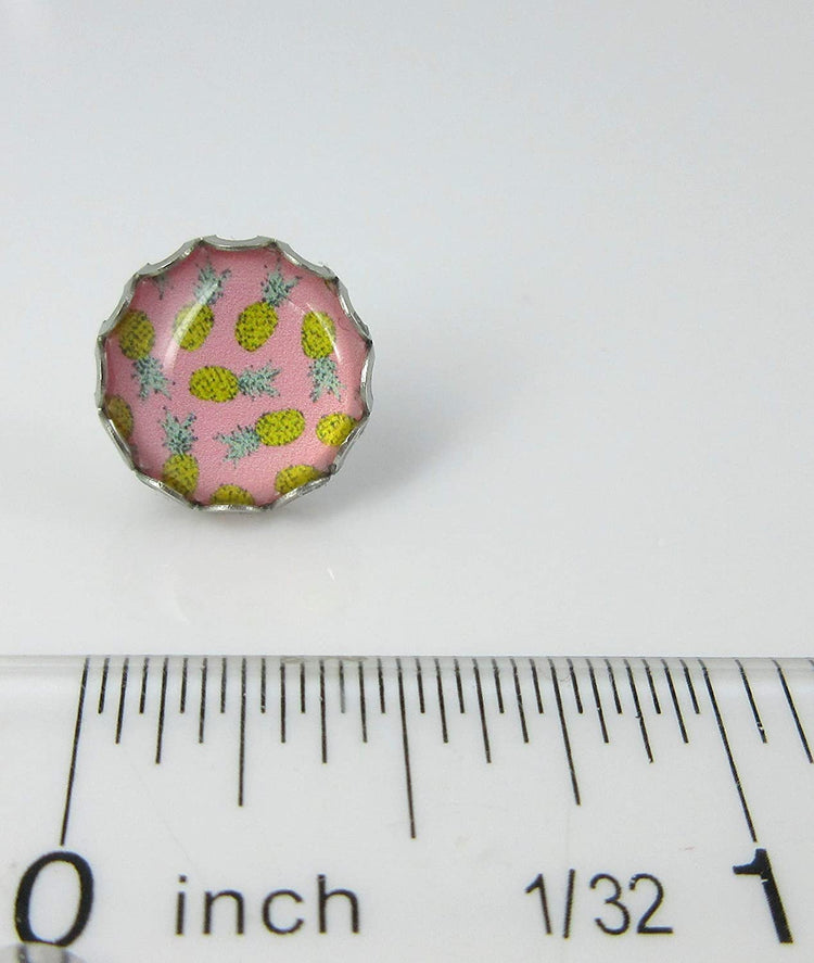 Stainless Steel Pink Pineapple Print Glass Stud Earrings 12mm
