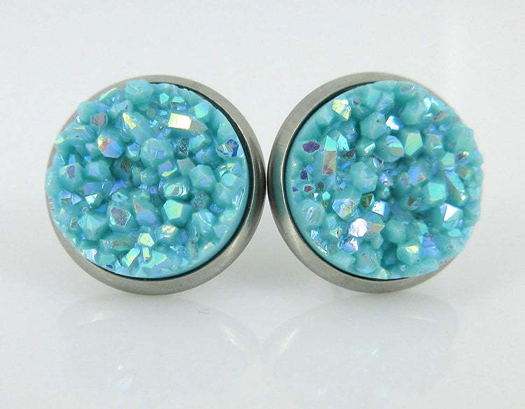 Duo Stud Earrings Stainless Steel Pink and Blue AB Faux Druzy Stone 12mm Set