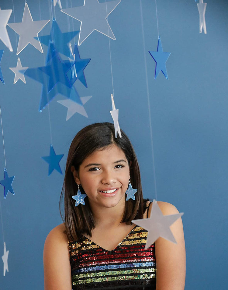Sky Blue and AB Glitter Faux Leather Large Star Dangle Earrings