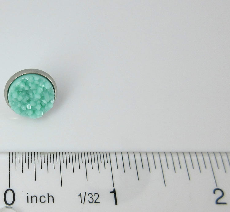 Duo Stud Earrings Stainless Steel Sweet Mint Green Faux Druzy Stone and Flamingo Print Glass 12mm Set