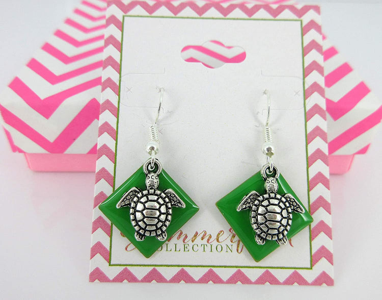 Silver-tone Green Enamel Sea Turtle Charm Dangle Earrings