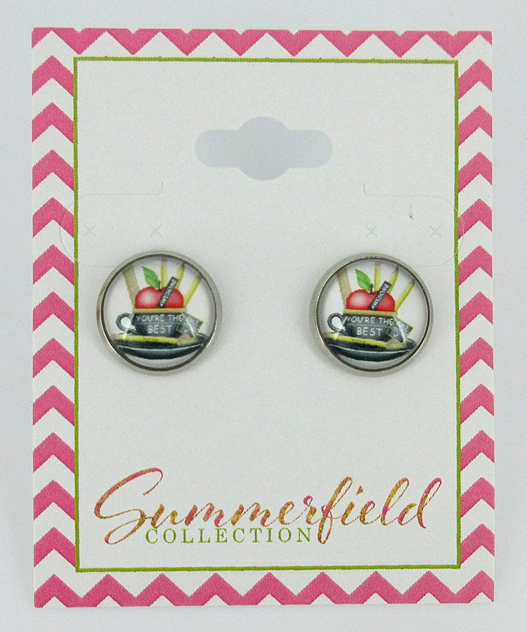 Stainless Steel Teacher Red Apple You're The Best Print Glass Stud Earrings 12mm