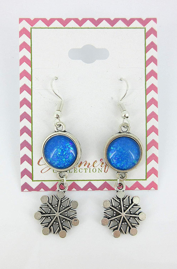 Antiqued Silver-tone Cobalt Blue Glitter Glass Dangle Earrings Snowflake Charm Hand-painted