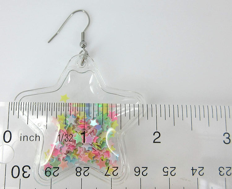 Multi Color Confetti Glitter Shaker Large Star Dangle Earrings Stainless Steel