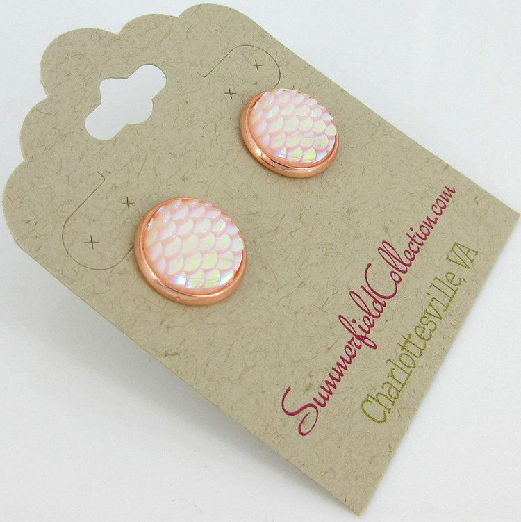 Rose Gold-tone Light Pink White AB Mermaid Scale Stud Earrings 12mm Dragon