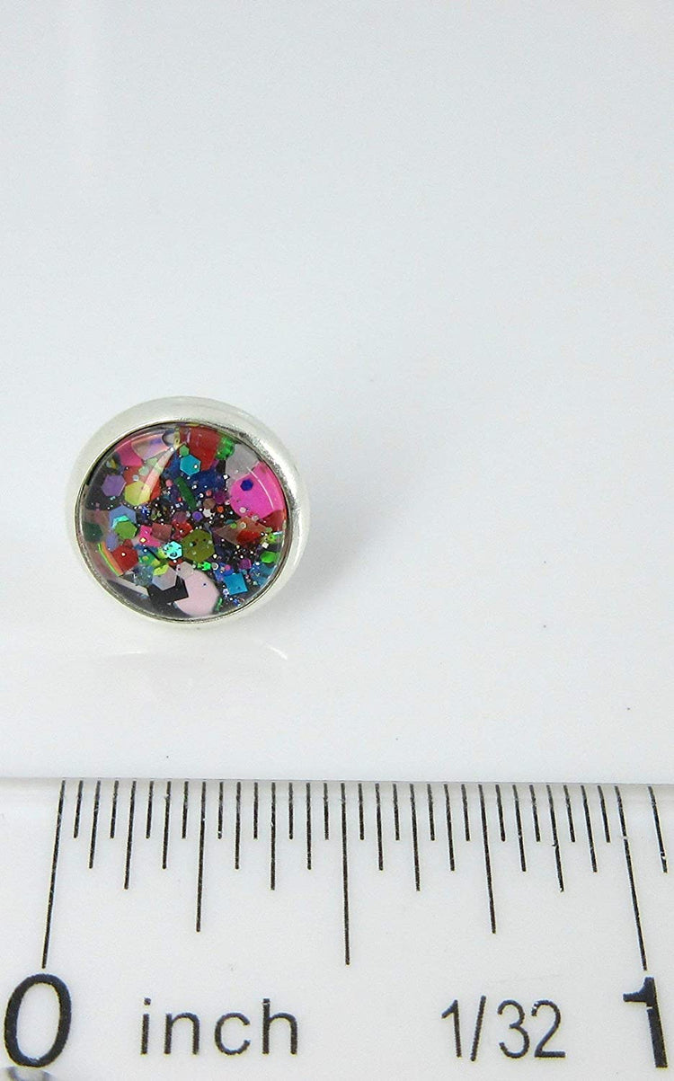 Silver-tone Black and Multi-Color Confetti Glitter Glass Stud Earrings Hand-painted 10mm