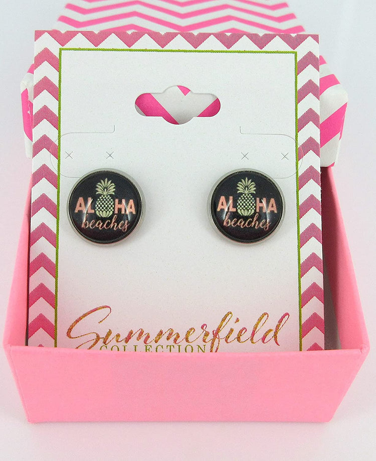 Stainless Steel Aloha Beaches Pineapple Print Glass Stud Earrings 12mm