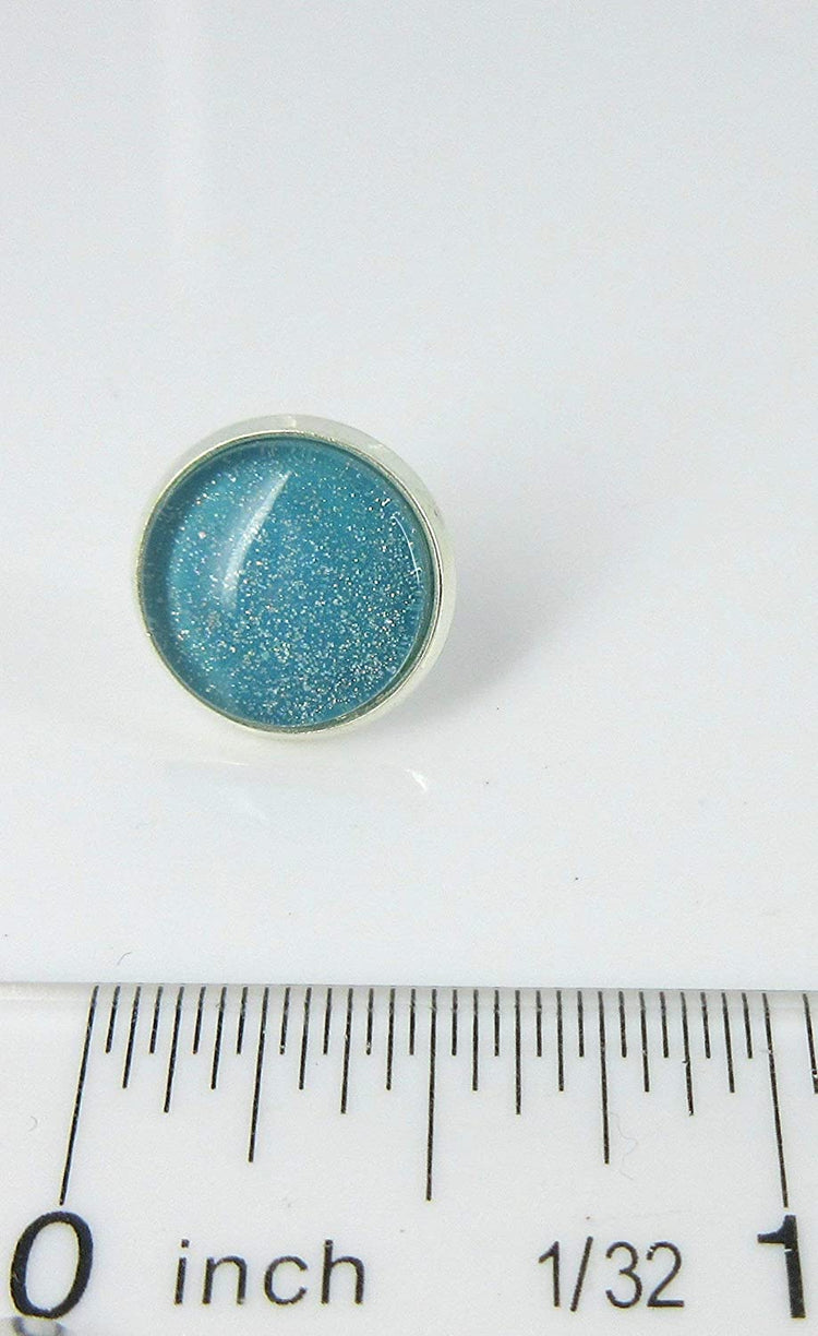 Silver-tone Soft Teal Green Blue Glitter Glass Stud Earrings Hand-painted 12mm