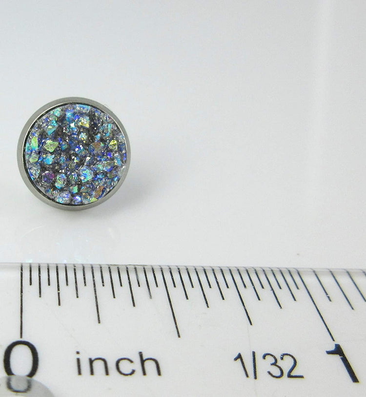 Stainless Steel Frost Blue Gray AB Glitter Faux Druzy Stone Stud Earrings 10mm