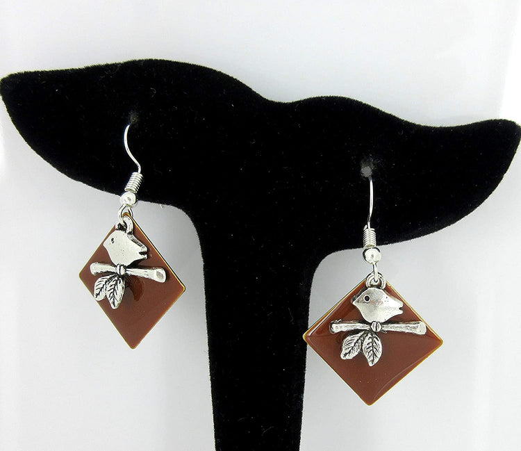 Silver-tone Brown Enamel Bird Charm Dangle Earrings