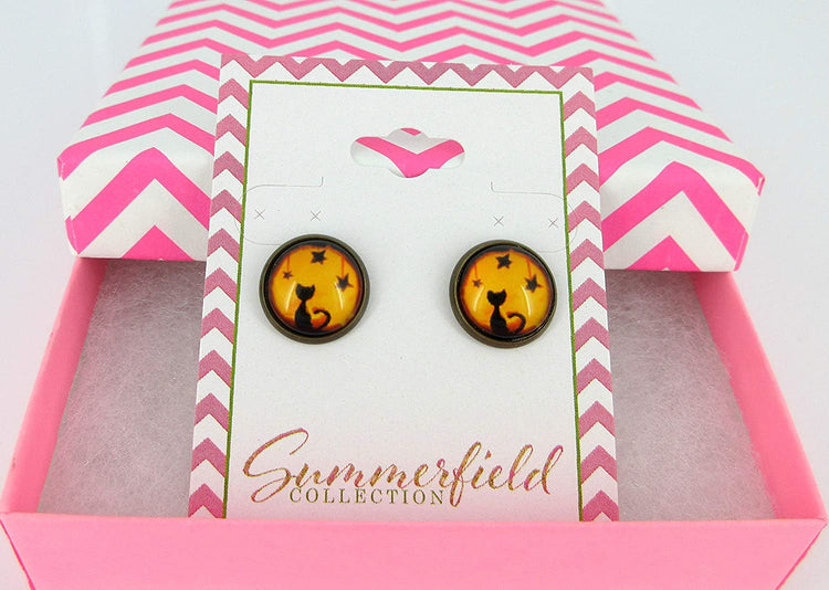 Antiqued Gold-tone Orange and Black Halloween Cat Print Glass Stud Earrings 12mm