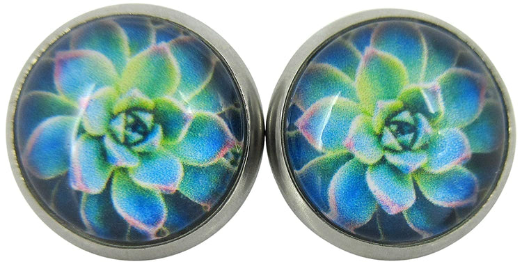 Stainless Steel Succulent Plant Print Glass Stud Earrings 12mm