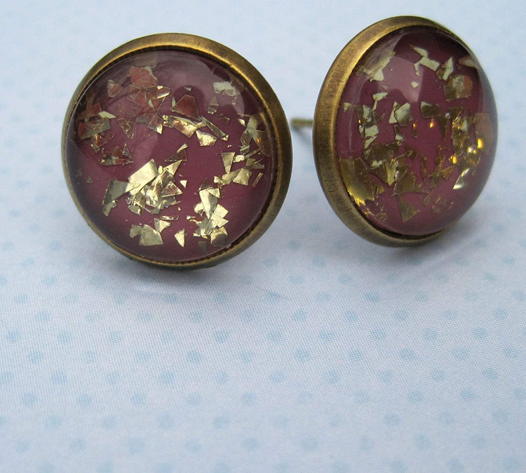 Antiqued Gold-tone Plum Berry Glitter Glass Stud Earrings 12mm Hand-painted