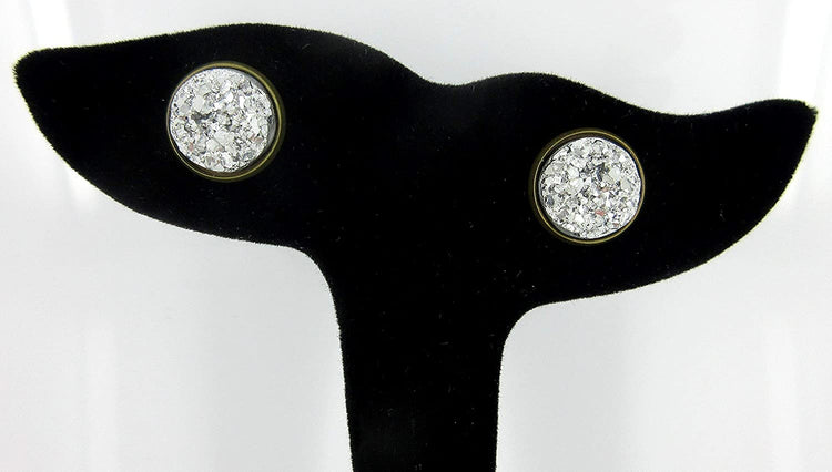 Trio Antiqued Gold-tone Stud Earrings 12mm Faux Druzy Stone Silver Metallic Blue Pink Set