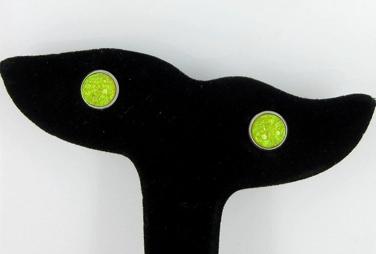 Stainless Steel Neon Pink Orange Yellow Green Faux Glitter Druzy Stone 8mm Stud Earrings Set