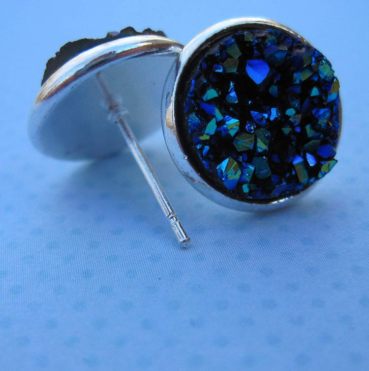 Silver-tone Blue Faux Druzy Stone Stud Earrings 12mm