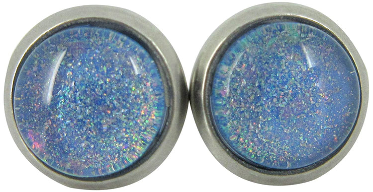 Stainless Steel Sky Blue and Rainbow Glitter Flake Glass Stud Earrings Hand-painted