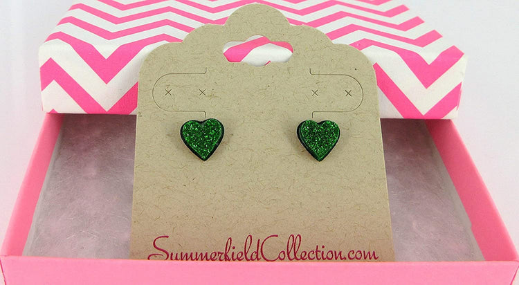 Stainless Steel Shamrock Green Glitter Acrylic Heart Stud Earrings 8mm