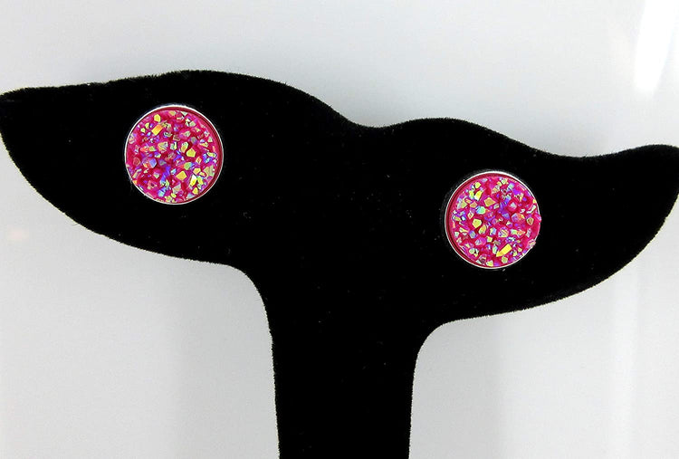 Silver-tone Stud Earrings Magenta AB Faux Druzy Stone 12mm