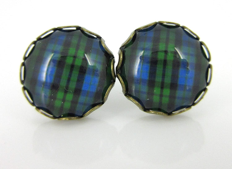 Antiqued Gold-tone Trio Plaid Print Glass Stud Earrings 12mm Set